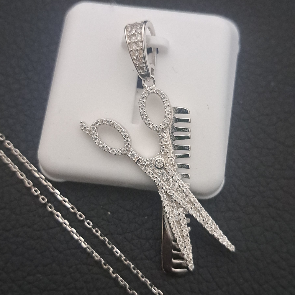 Silver Scissors and Comb Pendant Necklace